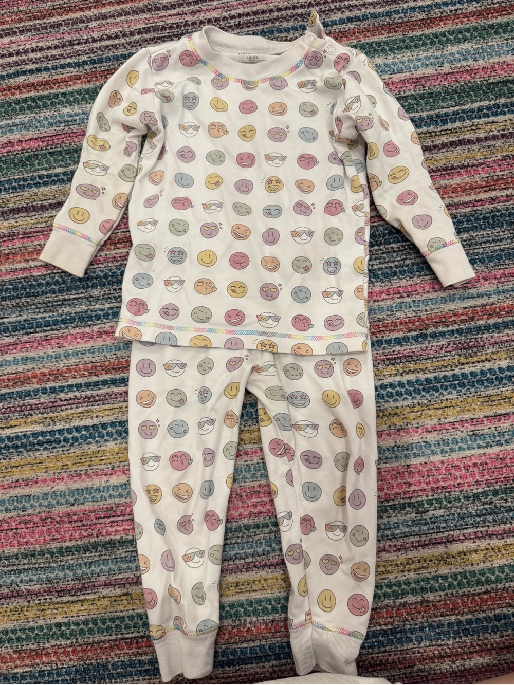 Kids White Emoji-Print Pajama Set - Long Sleeve Top & Pants